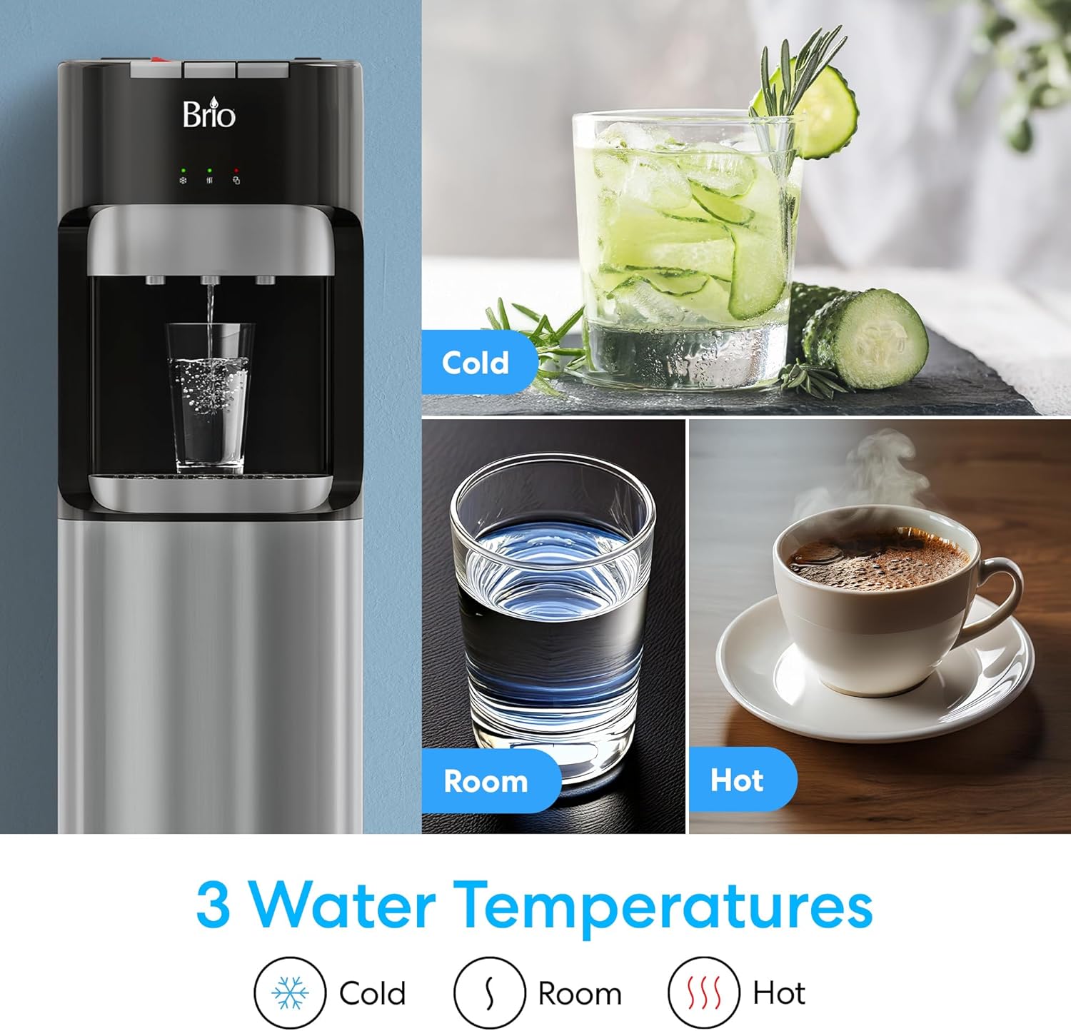 Brio Bottom Loading Water Cooler Dispenser for 5 Gallon Bottles - 3 Temperatures, Stainless Steel - Image 6