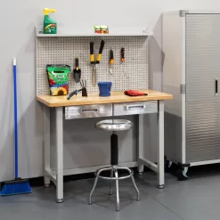 Seville Classics LED Lighted Pegboard Workcenter with 23 Peg Hook Assortment and Drawer Table, 48