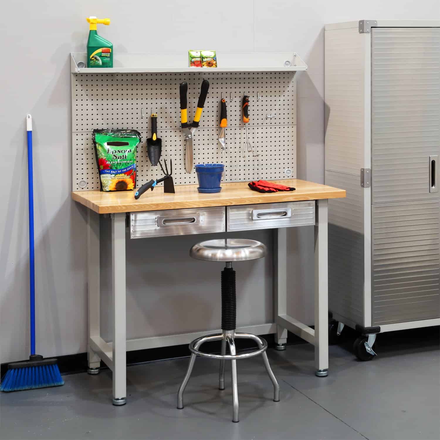 Seville Classics LED Lighted Pegboard Workcenter with 23 Peg Hook Assortment and Drawer Table, 48", Granite Gray