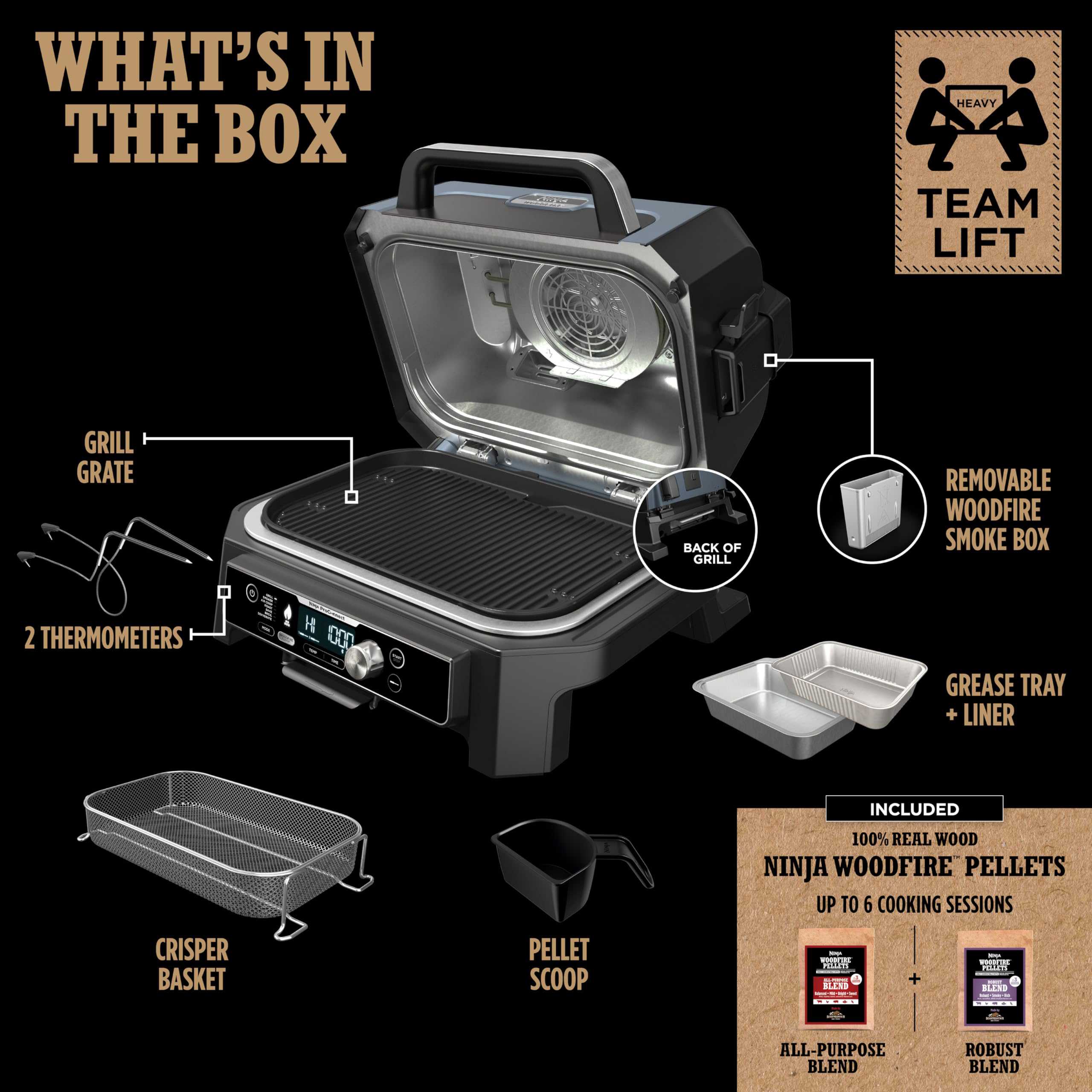 Ninja OG951 Woodfire Pro Connect Premium XL Outdoor Grill & Smoker, 2 Built-In Thermometers, Black