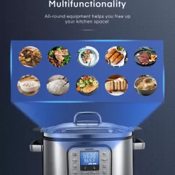 HOUSNAT 10 in 1 Programmable Cooker, 6Qt Stainless Steel, Rice Cooker, Yogurt Maker, Delay Start, Steaming Rack and Glass Lid