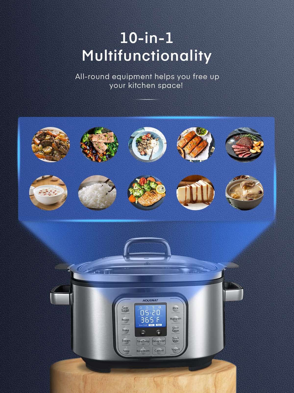 HOUSNAT 10 in 1 Programmable Cooker, 6Qt Stainless Steel, Rice Cooker, Yogurt Maker, Delay Start, Steaming Rack and Glass Lid