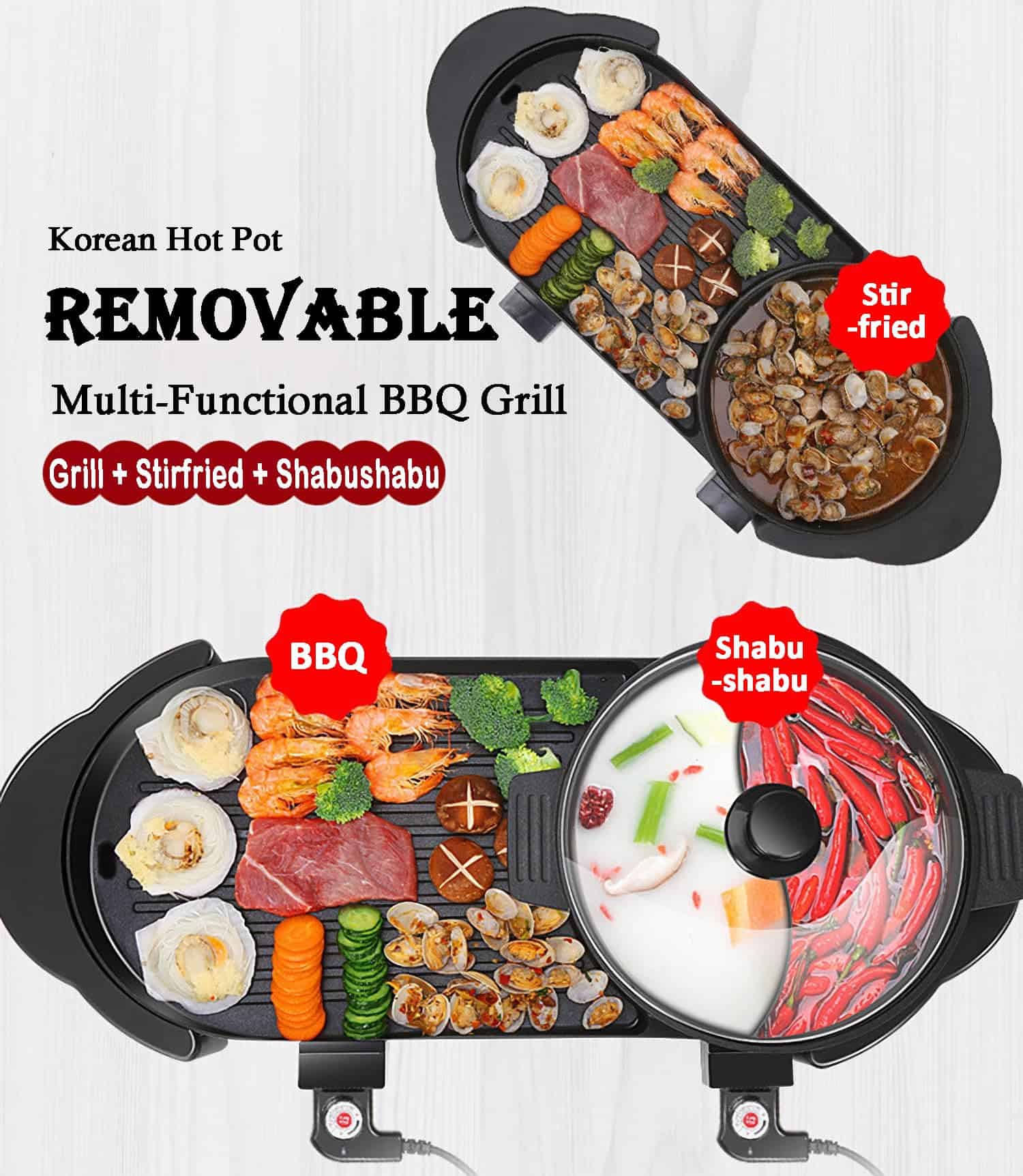 GOOTRIMY Hot Pot with Grill, Electric Hot Pot 2 in 1 Shabu Shabu Hot Pot Korean BBQ Grill, Large Capacity Baking Tray