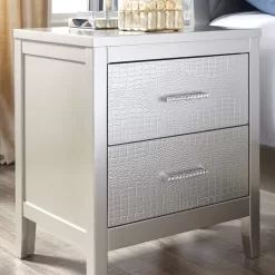 Signature Design by Ashley Olivet Glam 2 Drawer Nightstand with Faux Shagreen Drawer Fronts, Silver