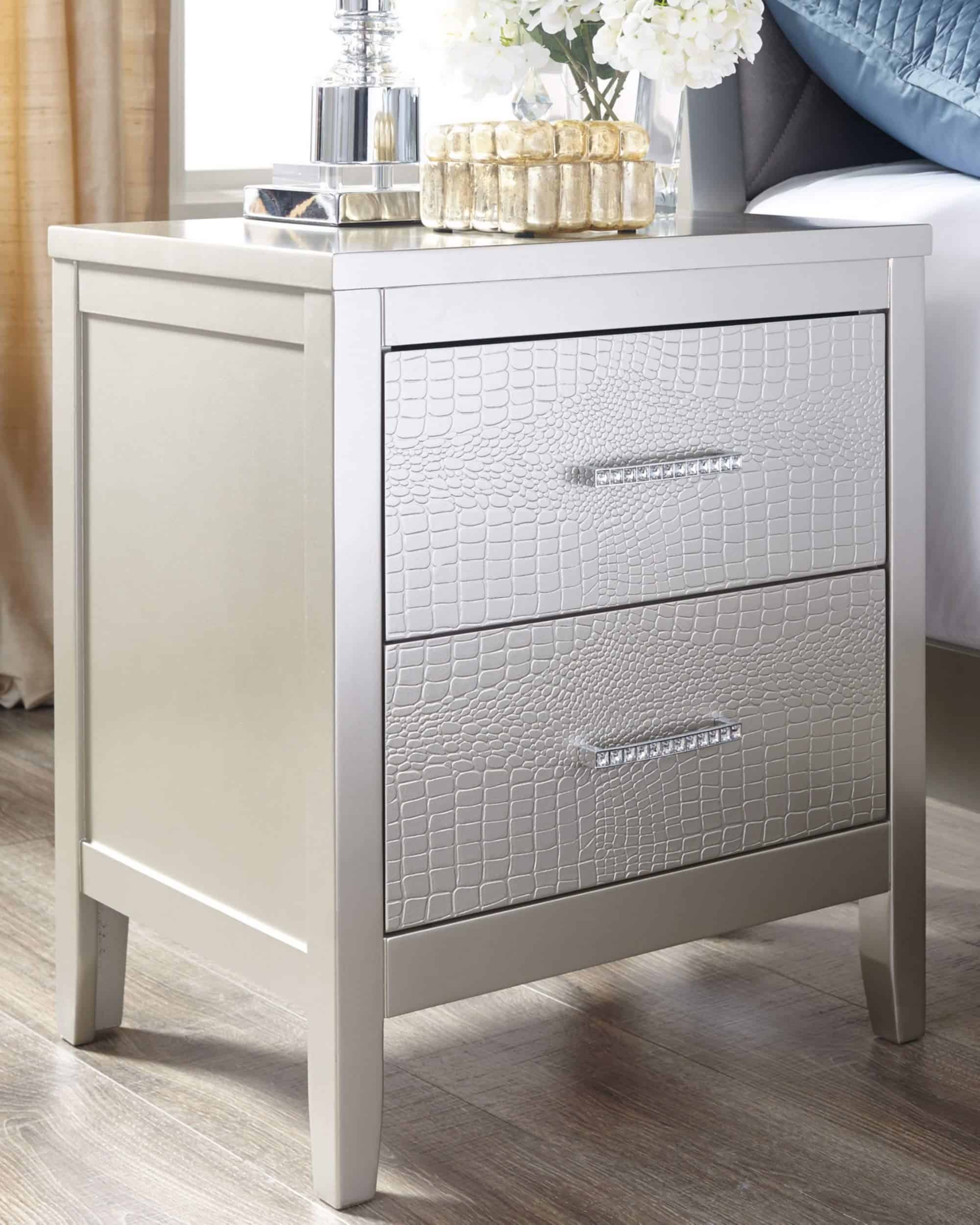 Signature Design by Ashley Olivet Glam 2 Drawer Nightstand with Faux Shagreen Drawer Fronts, Silver