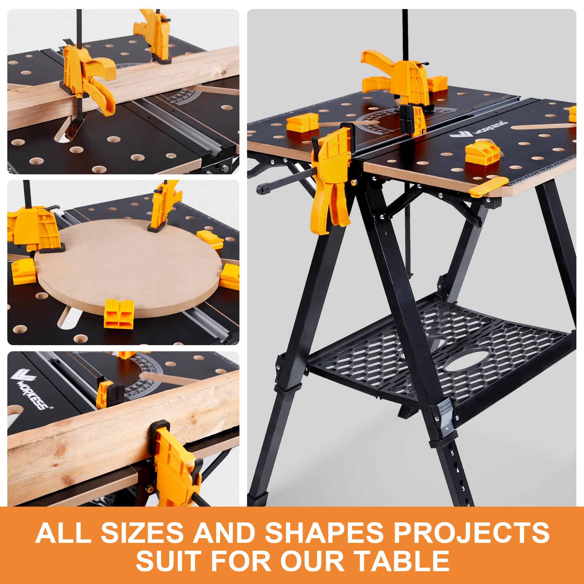 WORKESS Portable Workbench & Sawhorse, 1000Lbs Capacity Heavy Duty Folding Work Table, 23.6"-36" Adjustable Height