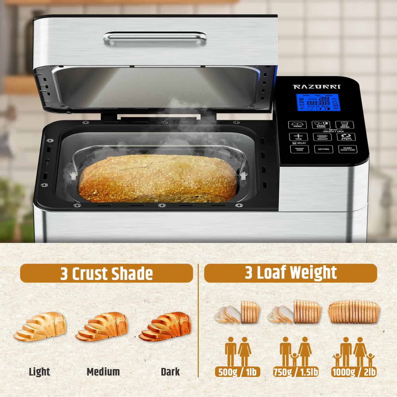 Razorri Bread Maker Machine Stainless Steel UL Certified, Nonstick Bread Pan, 3 Crust Colors and 3 Loaf Sizes