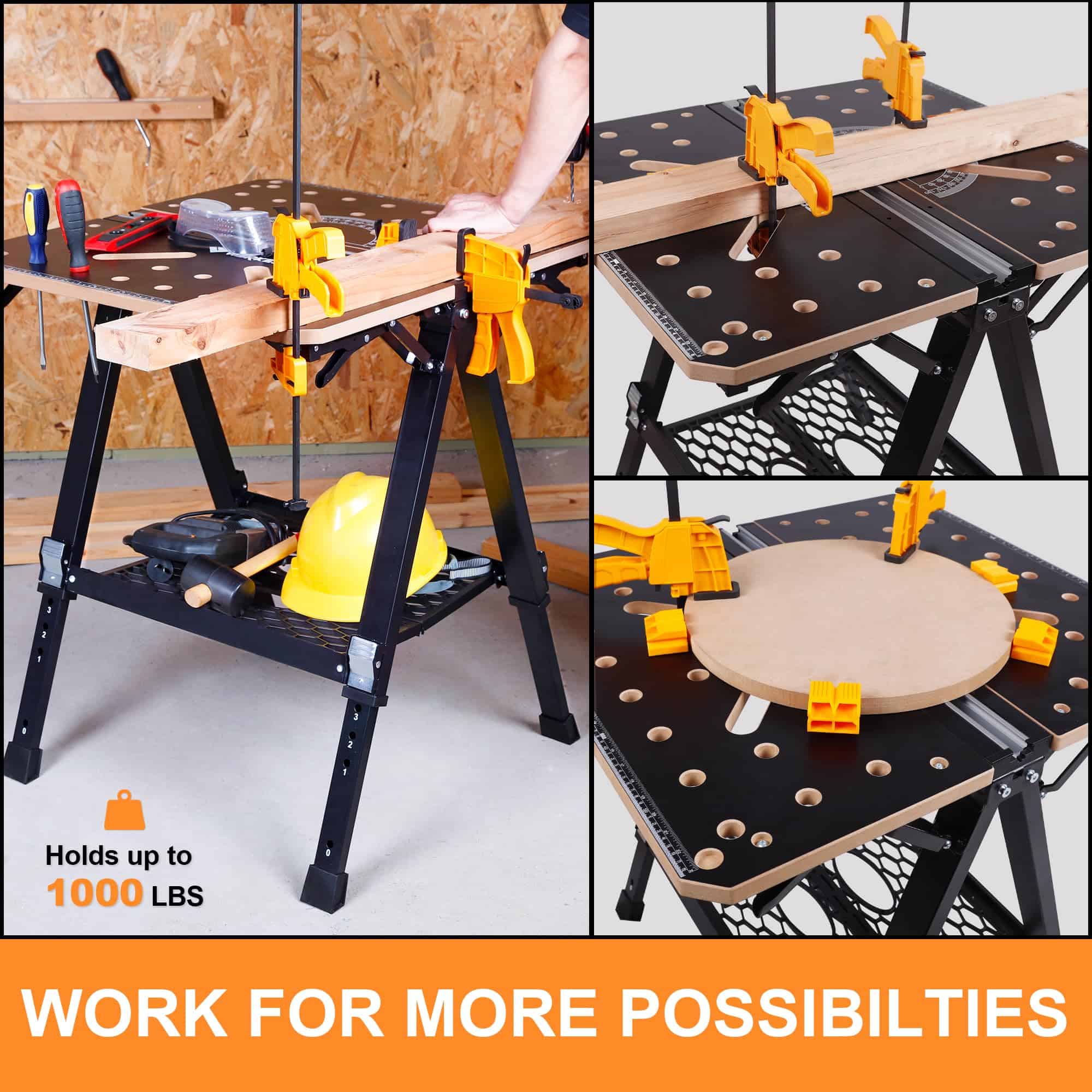 WORKESS Portable Workbench & Sawhorse, 1000Lbs Capacity Heavy Duty Folding Work Table, 23.6"-36" Adjustable Height
