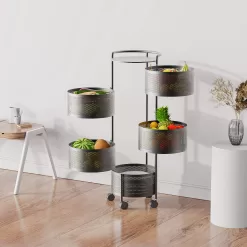 JAQ Rotating Fruit Basket, 5-Tier Metal Sturdy Kitchen Storage Rack Shelf Carts No Assembly on Rolling Wheels (5-Tier, Black)