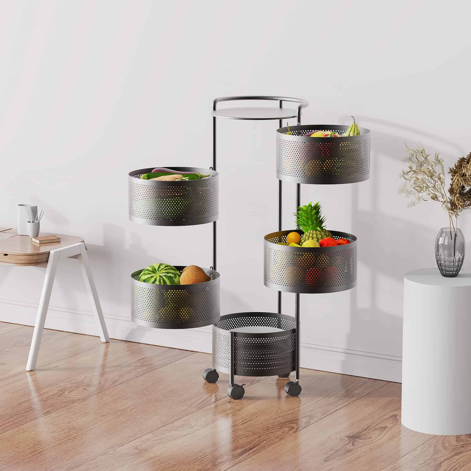 JAQ Rotating Fruit Basket, 5-Tier Metal Sturdy Kitchen Storage Rack Shelf Carts No Assembly on Rolling Wheels (5-Tier, Black)