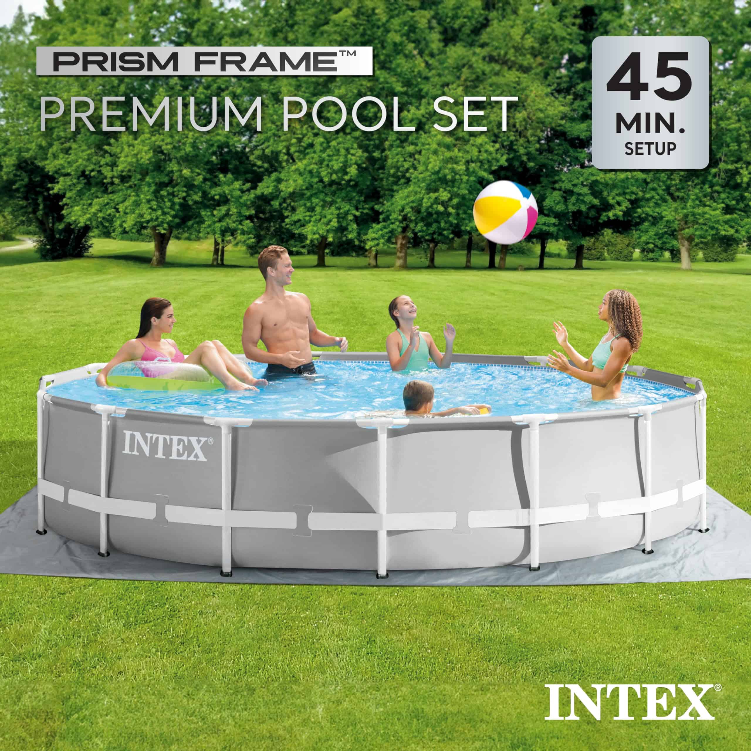 Intex 15 Foot x 42 Inch Prism Frame Above Ground Outdoor Backyard Swimming Pool Set, Gray