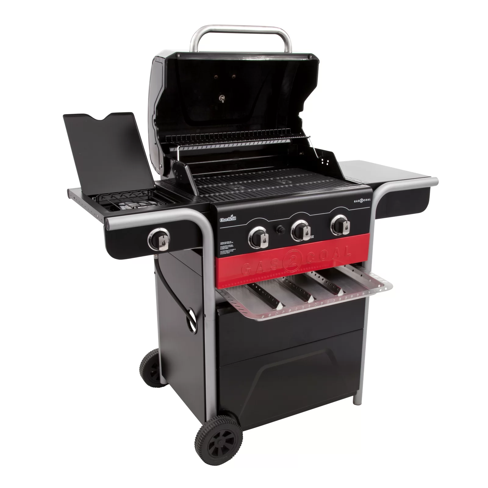 Charbroil Gas2Coal 3-Burner Hybrid Combo Gas & Charcoal Grill Cabinet with Side Burner, Red & Black
