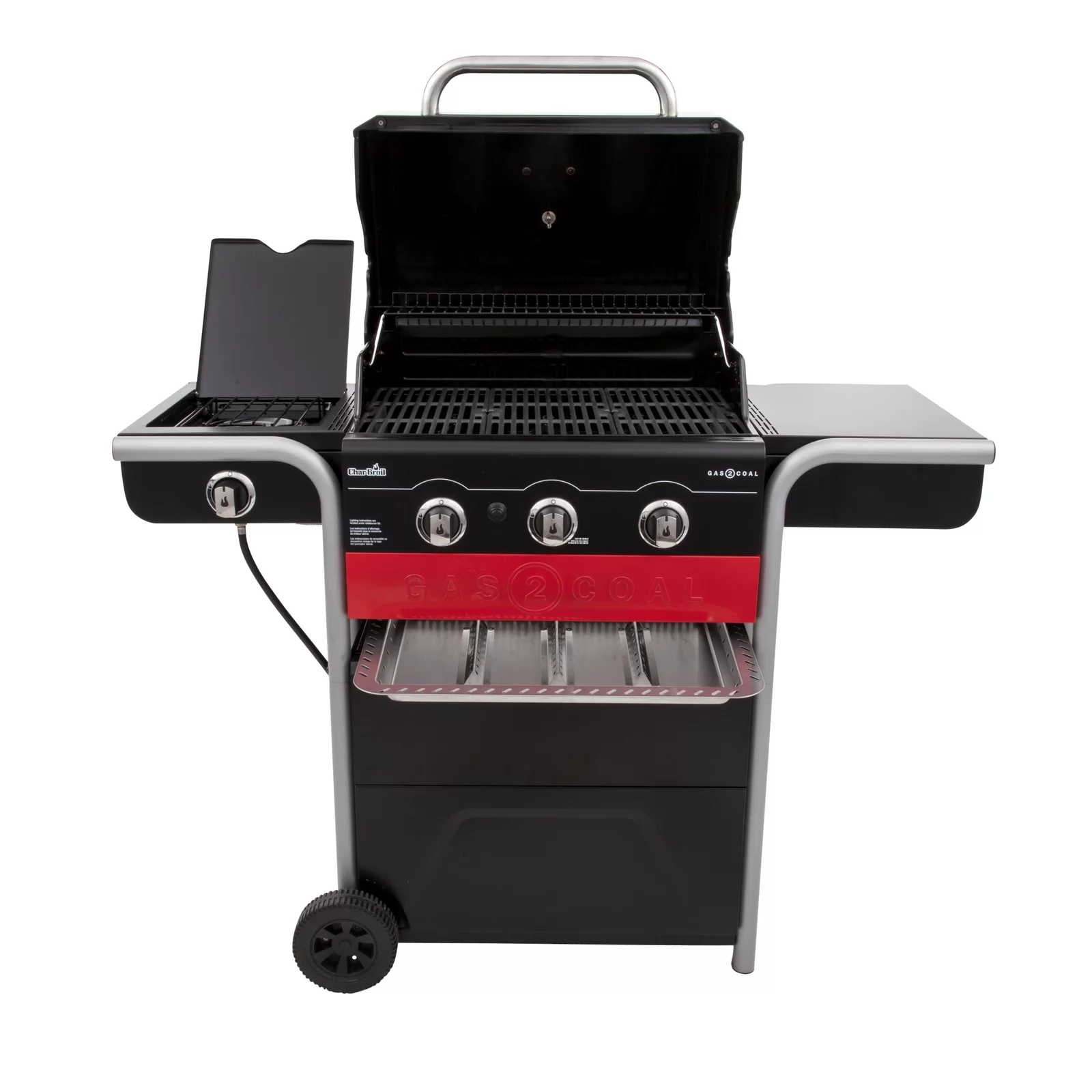 Charbroil Gas2Coal 3-Burner Hybrid Combo Gas & Charcoal Grill Cabinet with Side Burner, Red & Black