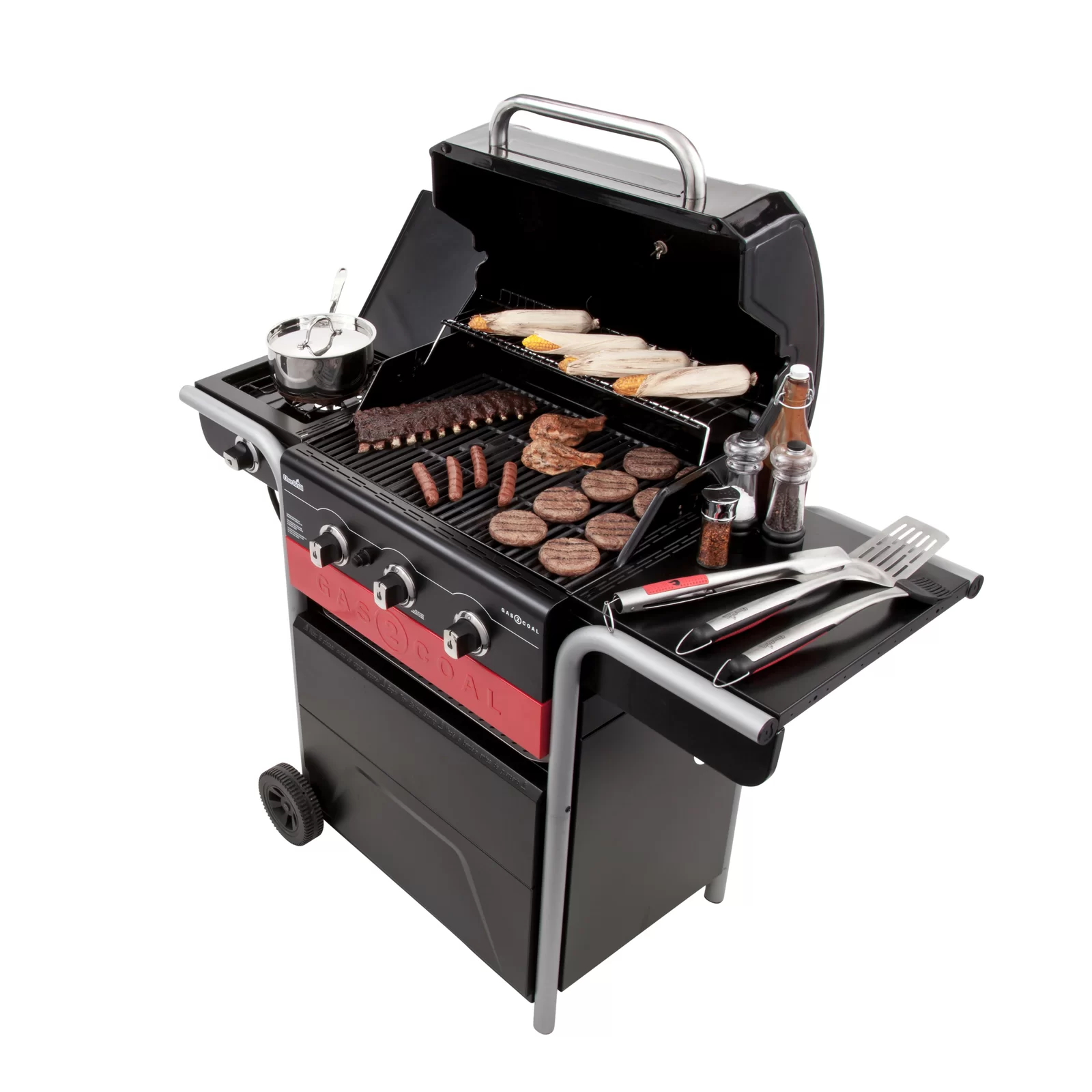 Charbroil Gas2Coal 3-Burner Hybrid Combo Gas & Charcoal Grill Cabinet with Side Burner, Red & Black