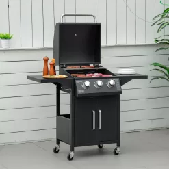 Outsunny 3 Burner Portable Gas Grill w/ Wheels, Outdoor Steel Propane Barbecue w/ Warming Rack, Black
