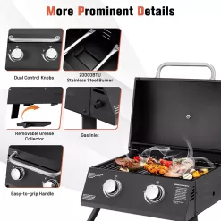 SKONYON Portable Grill 2-Burner Propane Gas Grill Ideal for Outdoor Cooking Black
