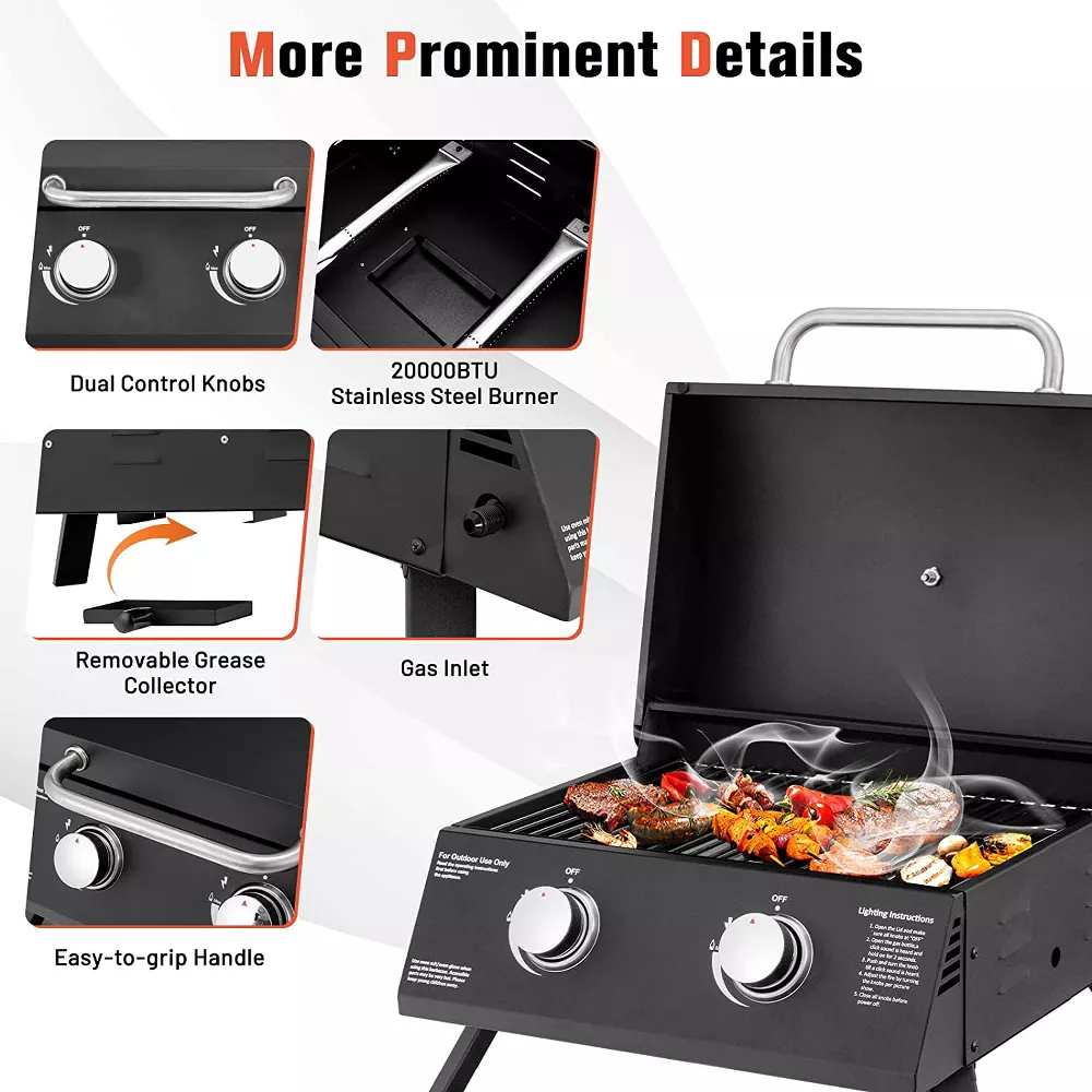 SKONYON Portable Grill 2-Burner Propane Gas Grill Ideal for Outdoor Cooking Black