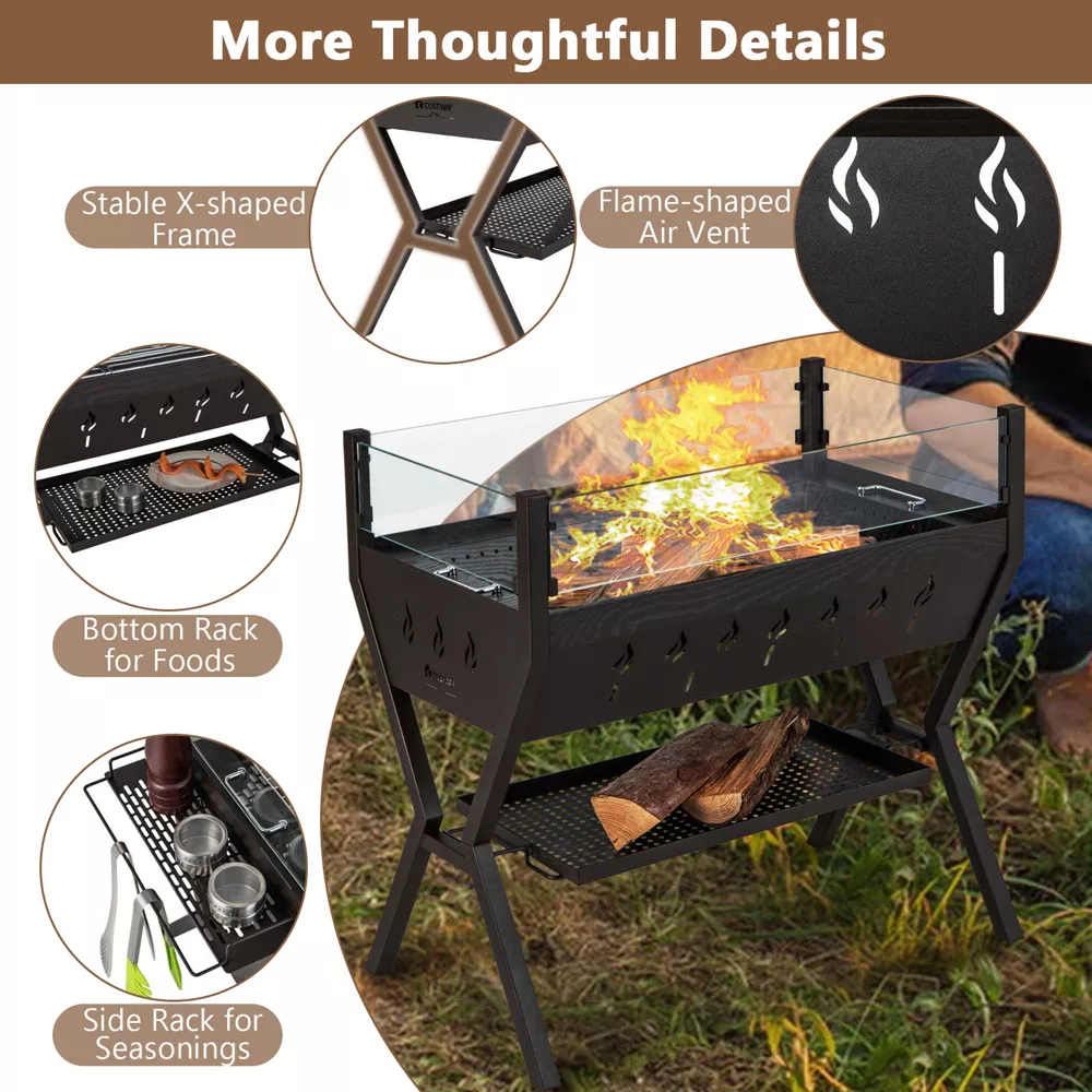 Costway Stainless Steel Barbecue Charcoal Grills with Seasoning Racks & Storage Shelf