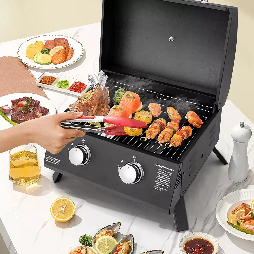 SKONYON Portable Grill 2-Burner Propane Gas Grill Ideal for Outdoor Cooking Black