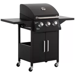 Outsunny 3 Burner Portable Gas Grill w/ Wheels, Outdoor Steel Propane Barbecue w/ Warming Rack, Black