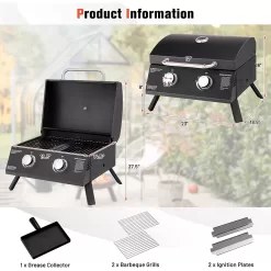 SKONYON Portable Grill 2-Burner Propane Gas Grill Ideal for Outdoor Cooking Black