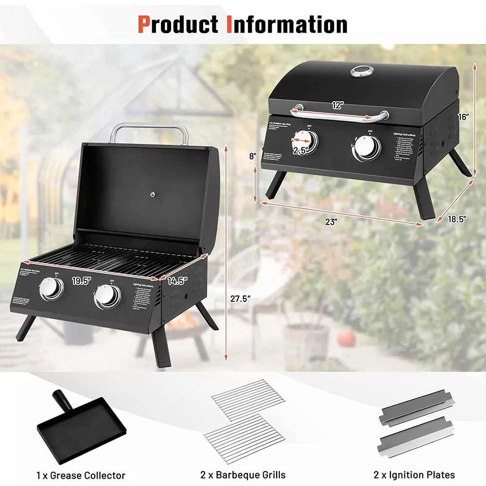 SKONYON Portable Grill 2-Burner Propane Gas Grill Ideal for Outdoor Cooking Black
