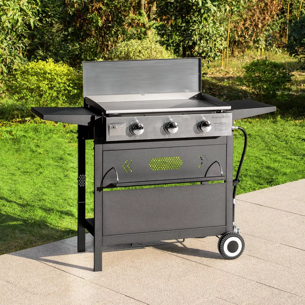Captiva Designs GR20 3-Burner Portable Propane Gas Griddle with Cart and Lid - Black