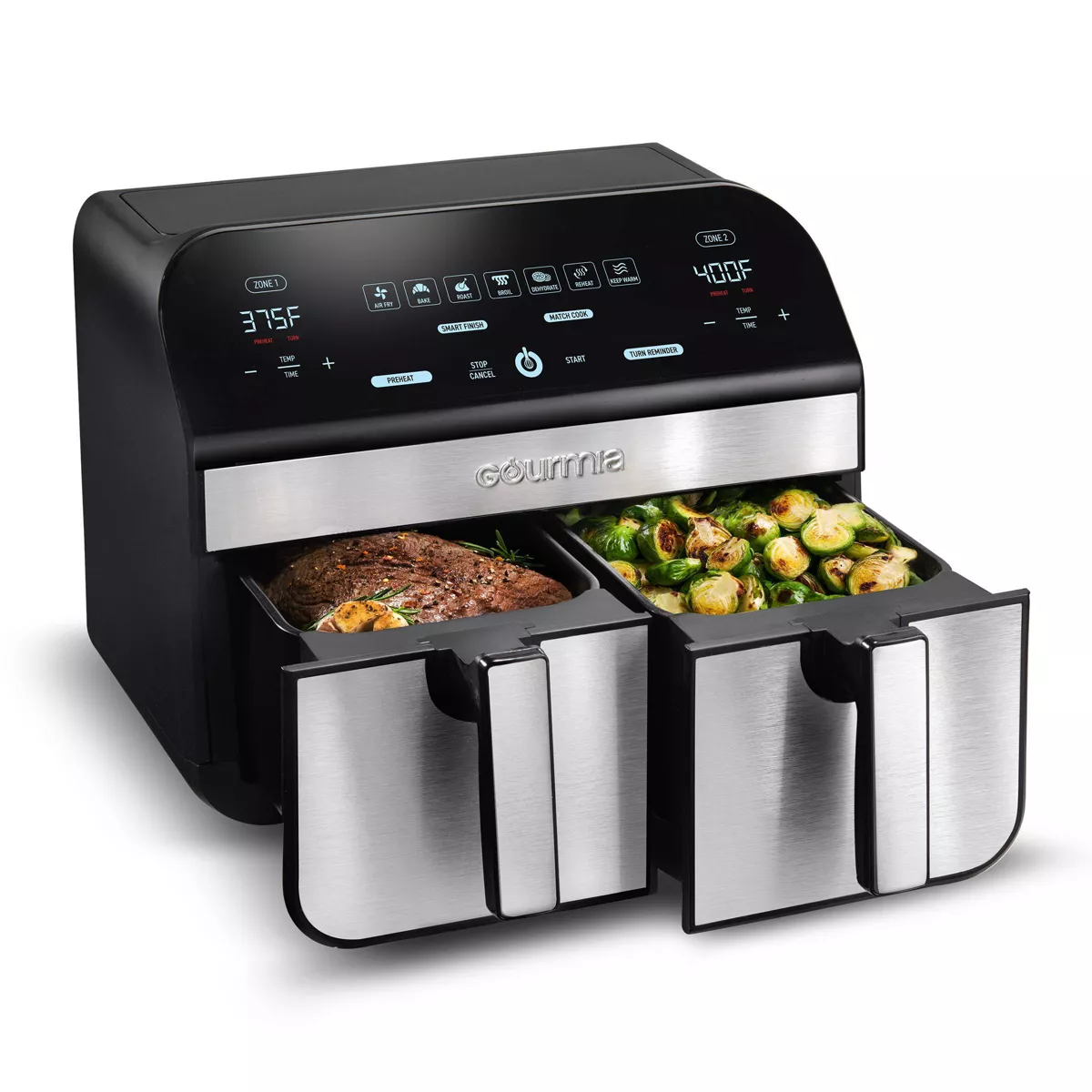 Gourmia 10-Qt. Dual Basket Digital Air Fryer with Smart Finish and Match Cook Black Stainless Steel