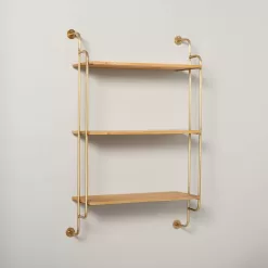 Hearth & Hand with Magnolia Wood & Brass Decorative 3-Tier Wall Shelf