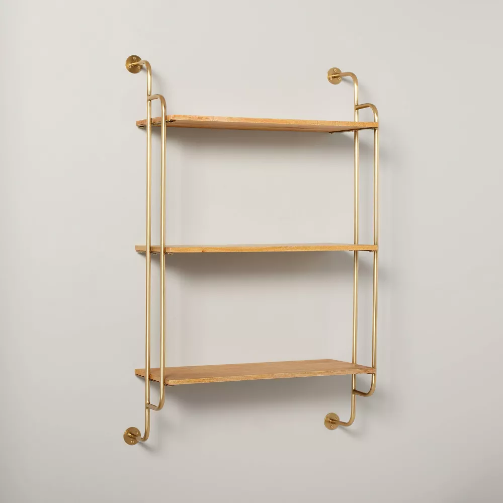 Hearth & Hand with Magnolia Wood & Brass Decorative 3-Tier Wall Shelf