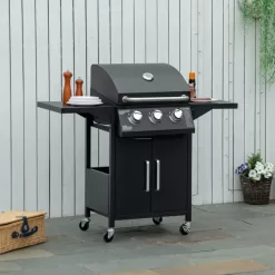 Outsunny 3 Burner Portable Gas Grill w/ Wheels, Outdoor Steel Propane Barbecue w/ Warming Rack, Black