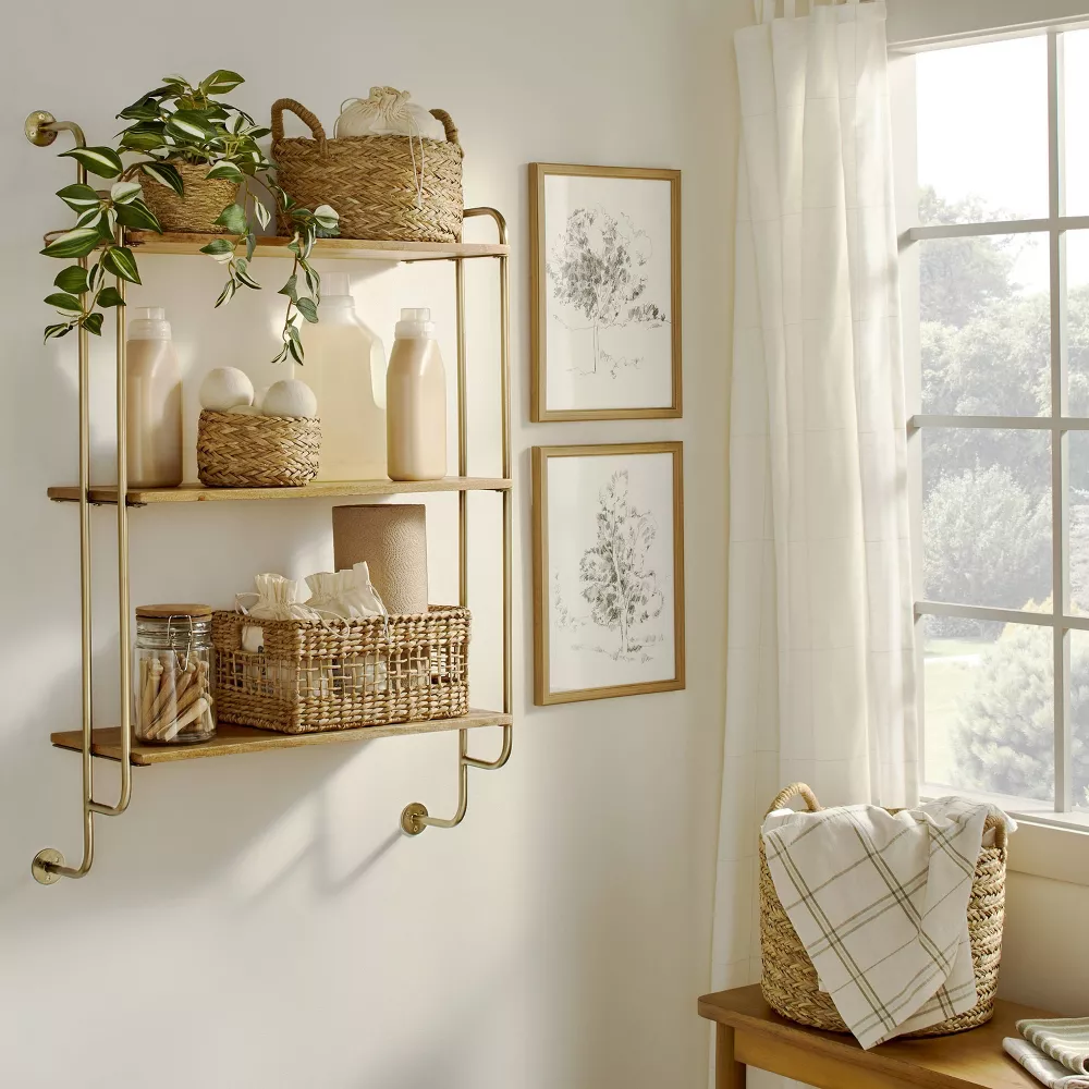 Hearth & Hand with Magnolia Wood & Brass Decorative 3-Tier Wall Shelf