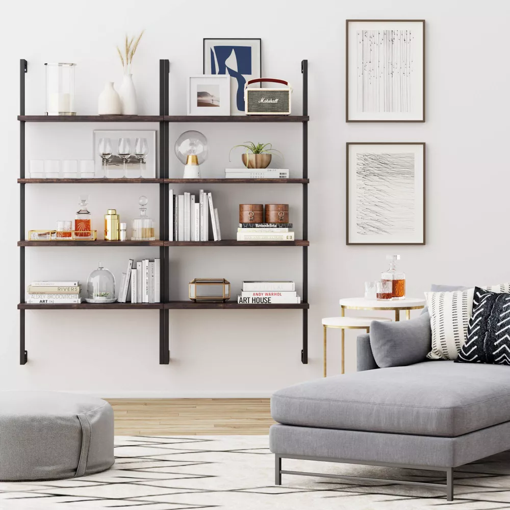 Nathan James 64" Wood and Metal 4 Tier Wall Mount Floating Bookshelf