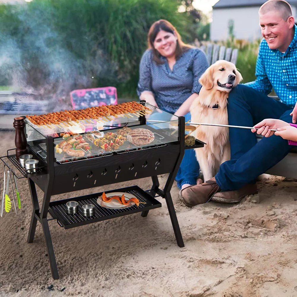 Costway Stainless Steel Barbecue Charcoal Grills with Seasoning Racks & Storage Shelf