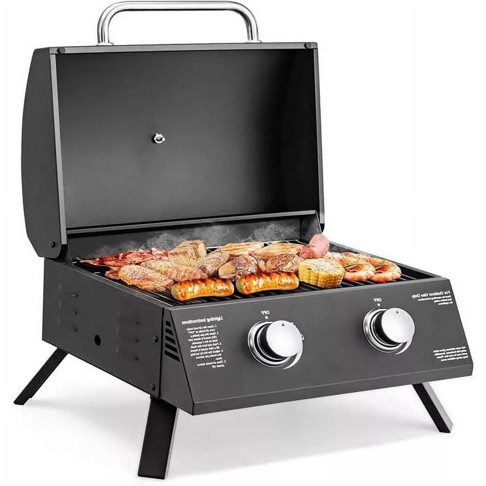 SKONYON Portable Grill 2-Burner Propane Gas Grill Ideal for Outdoor Cooking Black