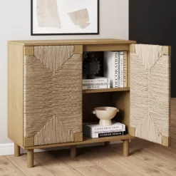 Nathan James Beacon Wood and Seagrass 2 Door Storage Cabinet - Brushed Light Brown/Seagrass