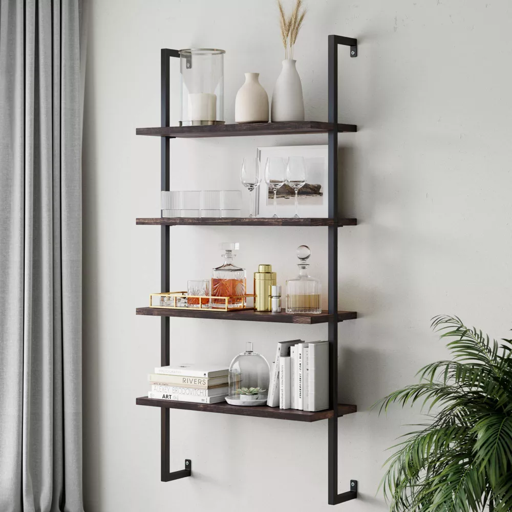 Nathan James 64" Wood and Metal 4 Tier Wall Mount Floating Bookshelf