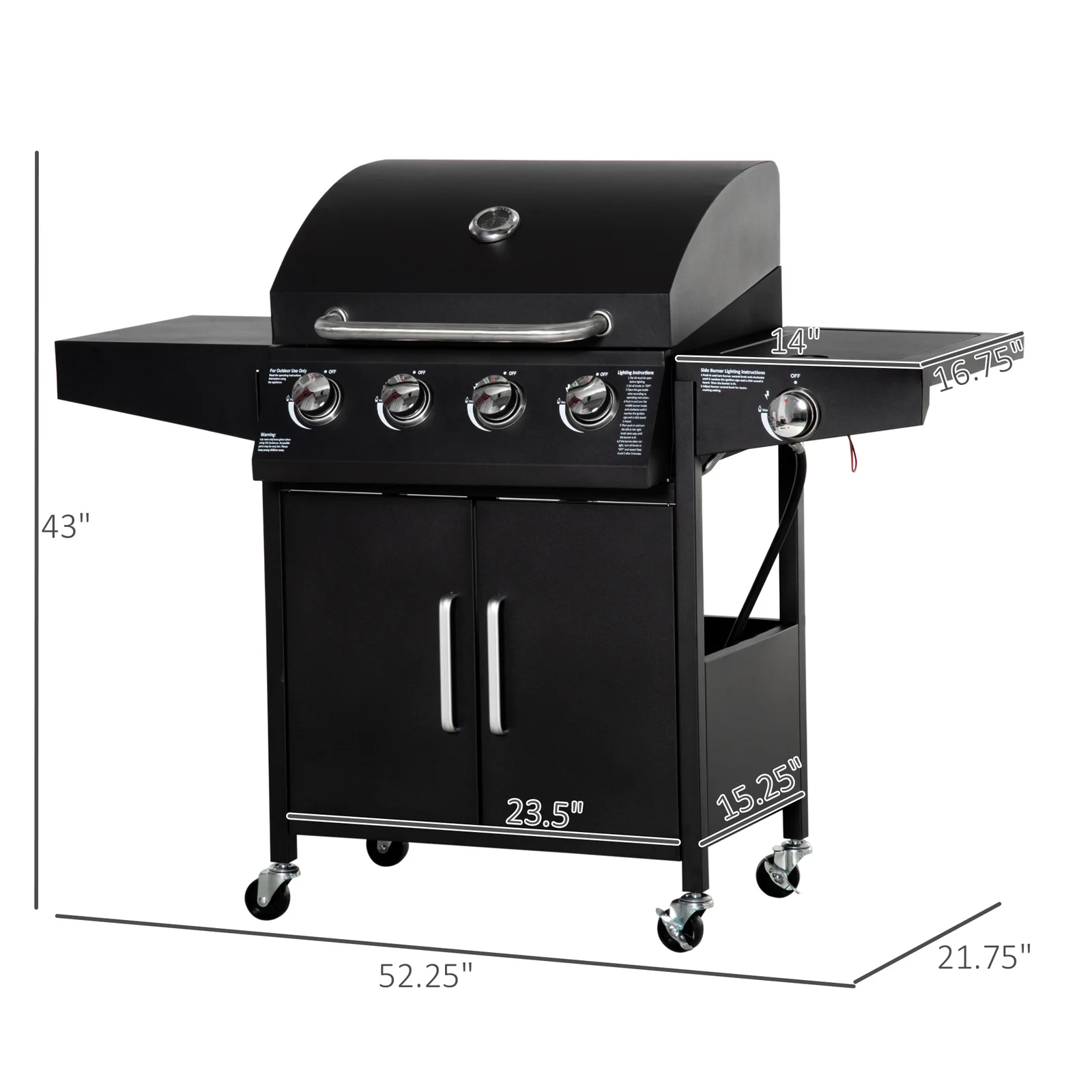 Outsunny Single Burner Portable Liquid Propane Gas Grill with Cabinet - Black 846-102V80BK