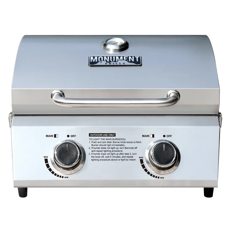 Monument Grills Tabletop Propane Gas Grill Stainless for Portable Camping Cooking with Travel Locks, High Lid