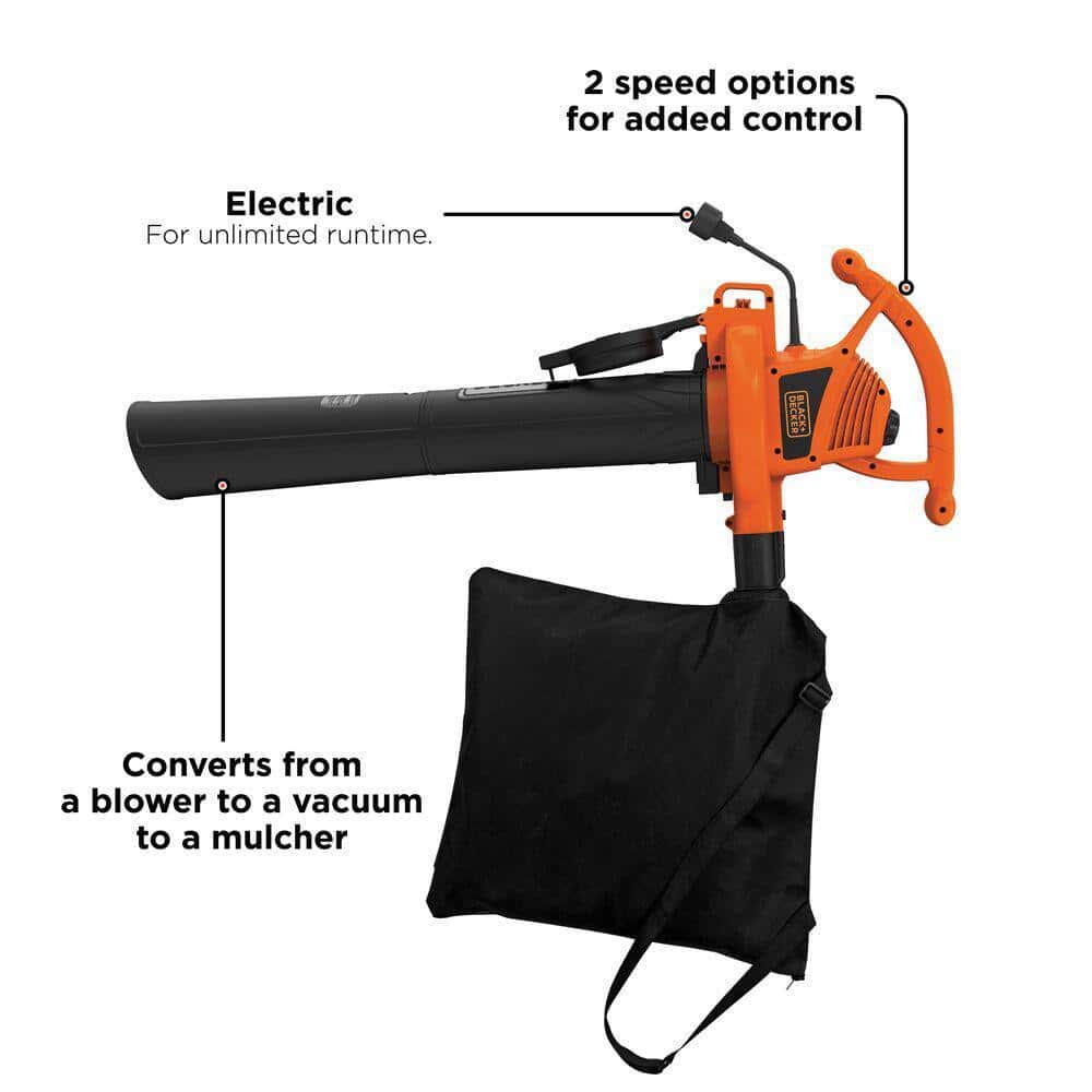 BLACK+DECKER BV3100 12 AMP 210 MPH 300 CFM Corded Electric 3-in-1 Handheld Leaf Blower, Vacuum & Mulcher