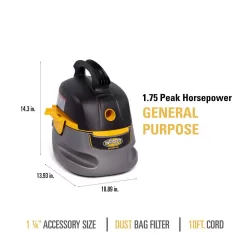 Stinger HD2025 2.5 Gallon 1.75 Peak HP Compact Wet/Dry Shop Vacuum with Filter Bag, Hose and Accessories