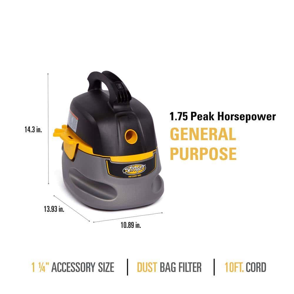 Stinger HD2025 2.5 Gallon 1.75 Peak HP Compact Wet/Dry Shop Vacuum with Filter Bag, Hose and Accessories