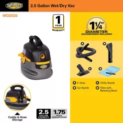 Stinger HD2025 2.5 Gallon 1.75 Peak HP Compact Wet/Dry Shop Vacuum with Filter Bag, Hose and Accessories