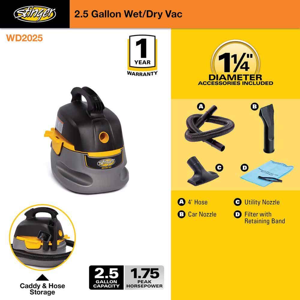 Stinger HD2025 2.5 Gallon 1.75 Peak HP Compact Wet/Dry Shop Vacuum with Filter Bag, Hose and Accessories