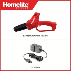Homelite HOMCS10 12 V Lithium 6 in. Battery Pruning Mini Chainsaw with Internal 2.5 Ah Battery and Charger