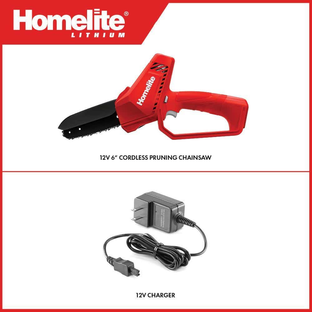 Homelite HOMCS10 12 V Lithium 6 in. Battery Pruning Mini Chainsaw with Internal 2.5 Ah Battery and Charger