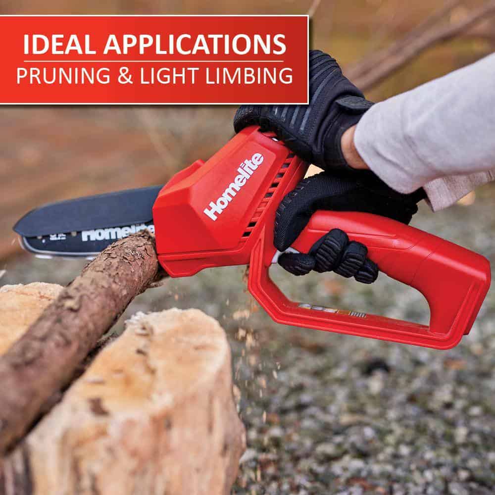 Homelite HOMCS10 12 V Lithium 6 in. Battery Pruning Mini Chainsaw with Internal 2.5 Ah Battery and Charger