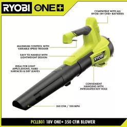 RYOBI PCLLB01B ONE+ 18V 100 MPH 350 CFM Cordless Battery Variable-Speed Jet Fan Leaf Blower (Tool Only)