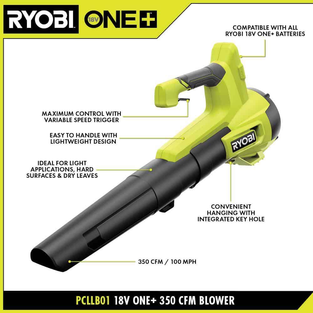 RYOBI PCLLB01B ONE+ 18V 100 MPH 350 CFM Cordless Battery Variable-Speed Jet Fan Leaf Blower (Tool Only)