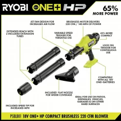 RYOBI PSBLB01B ONE+ HP 18V Brushless Cordless 220 CFM 140 MPH Compact Blower (Tool-Only)